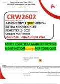 CRW2602 ASSIGNMENT 1 QUIZ MEMO - SEMESTER 2 - 2023 - UNISA - (INCLUDES 130 PAGES MCQ BOOKLET WITH ANSWERS - DISTINCTION GUARANTEED) – DUE DATE: - 25 AUGUST 2023
