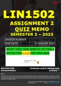 LIN1502 ASSIGNMENT 2 QUIZ MEMO - SEMESTER 2 - 2023 - UNISA - DUE DATE: - 31 AUGUST 2023 (100% PASS - GUARANTEED) 