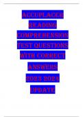 ACCUPLACER  READING  COMPREHENSION  TEST QUESTIONS  WITH CORRECT  ANSWERS 2023 2024  UPDATE