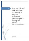  Edexcel GCE Advance Subsidiary In English Literature (8ET0) Paper 1: Poetry and Drama june   2023