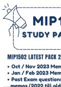 MIP1502 Study Pack 2024!! — All you need latest Study / Exam Pack 2024. Includes Latest exam questions & Memos (Best Pack for this module) 