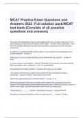 MCAT Practice Exam Questions and Answers 2024 ;Full solution pack/MCAT test bank;(Consists of all possible questions and answers)