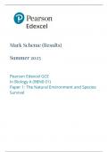 Pearson Edexcel GCE Biology A Advanced Salters Nuffield Paper 01 9BN01:The Natural Environment and Species Survival mark scheme for June 2023