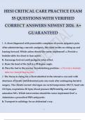 HESI CRITICAL CARE PRACTICE EXAM 55 QUESTIONS WITH VERIFIED CORRECT ANSWERS NEWEST 2024. A+ GUARANTEED.