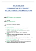 BIO1100 HUMAN ANATOMY & PHYSIOLOGY I QUARTER 1 EXAM STUDY GUIDE 34 QUESTIONS /  BIO 1100 HUMAN ANATOMY & PHYSIOLOGY 1 (Latest): Galen College Of Nursing