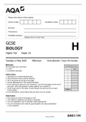 AQA - GCSE BIOLOGY Higher Tier Paper 1H May 2020