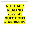 ATI TEAS 7 READING 2022; 45 QUESTIONS & ANSWERS
