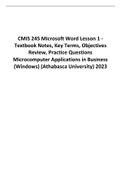 CMIS 245 Microsoft Word Lesson 1 - Textbook Notes, Key Terms, Objectives Review, Practice Questions Microcomputer Applications in Business (Windows) (Athabasca University) 2023 